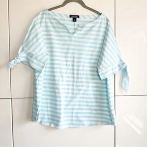 Lands’ End Striped Cotton Shirt Tie Short Sleeves Size Large 14-16 Blue White